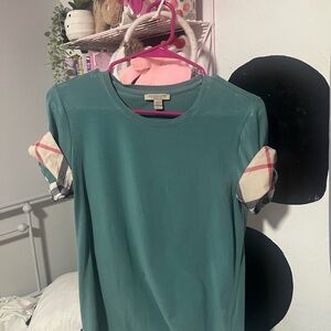 Burberry Green Tee with Plaid Sleeves